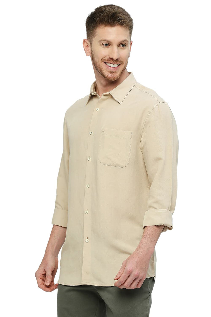 BASICS SLIM FIT SAFARI BEIGE VISCOSE LINEN SHIRT