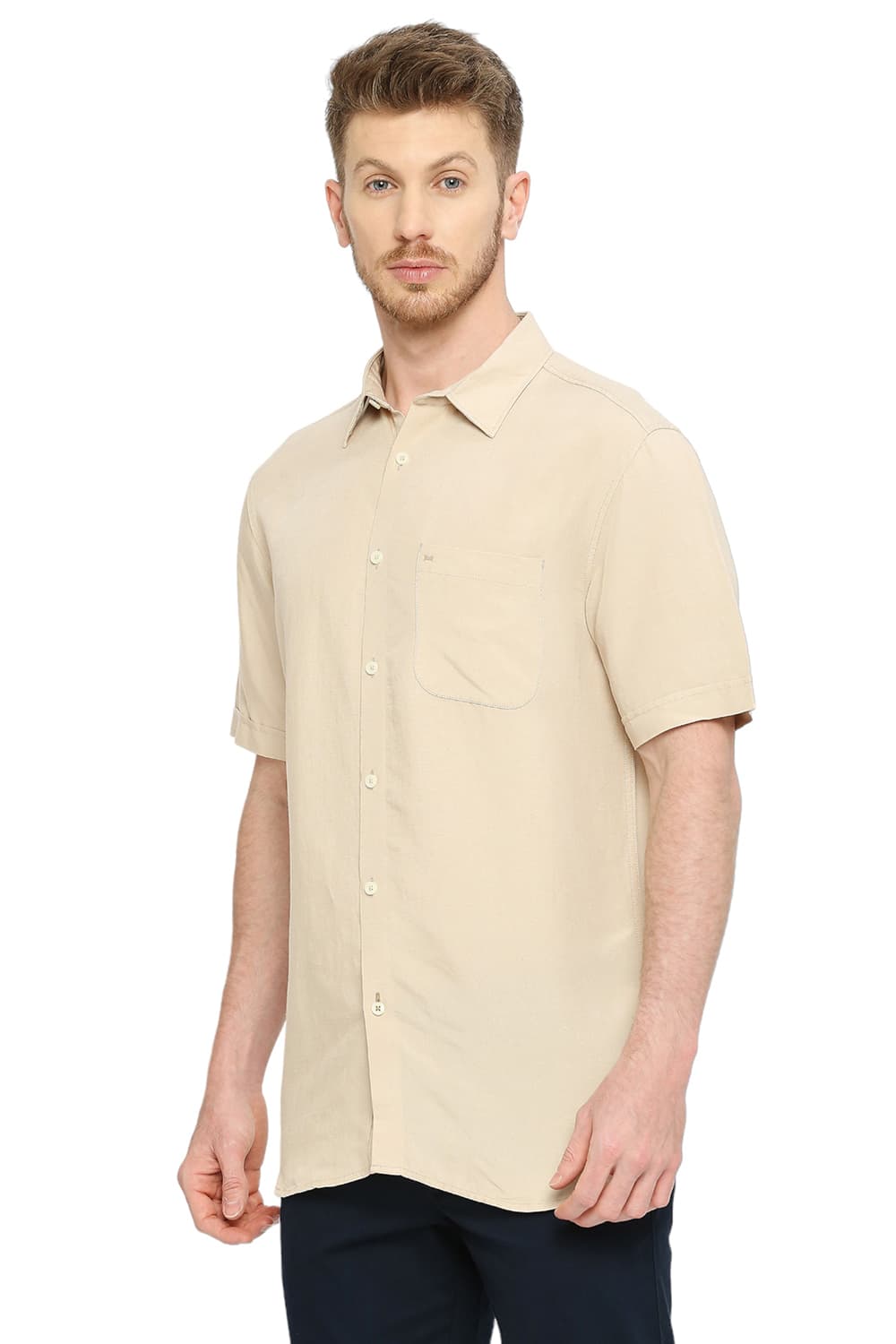 BASICS SLIM FIT VISCOSE LINEN HALFSLEEVES SHIRT