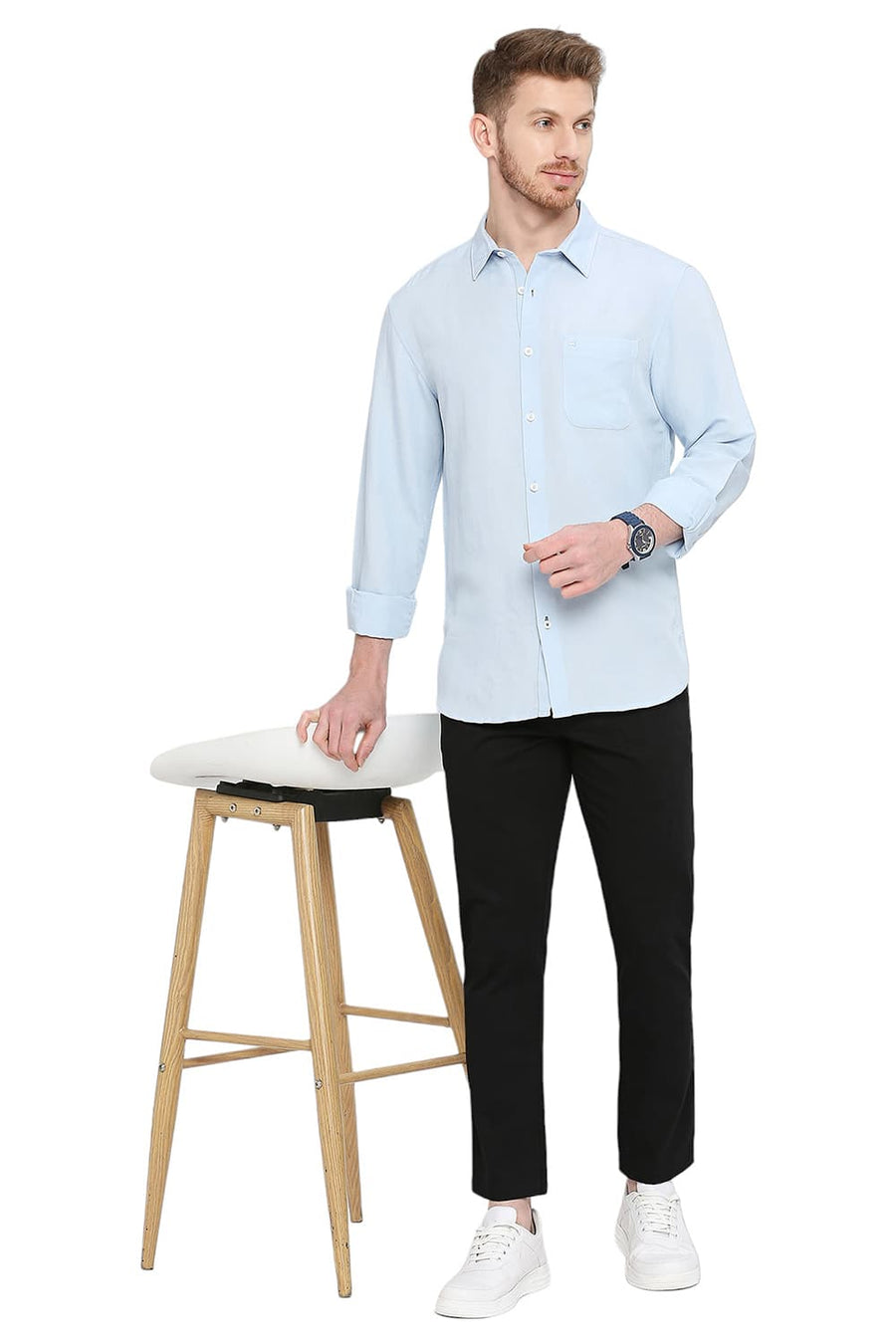 BASICS SLIM FIT WINTER SKY BLUE VISCOSE LINEN SHIRT