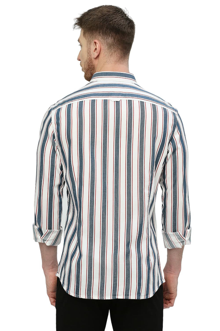 BASICS SLIM FIT HORIZON NAVY COTTON TENCEL TWILL STRIPE SHIRT