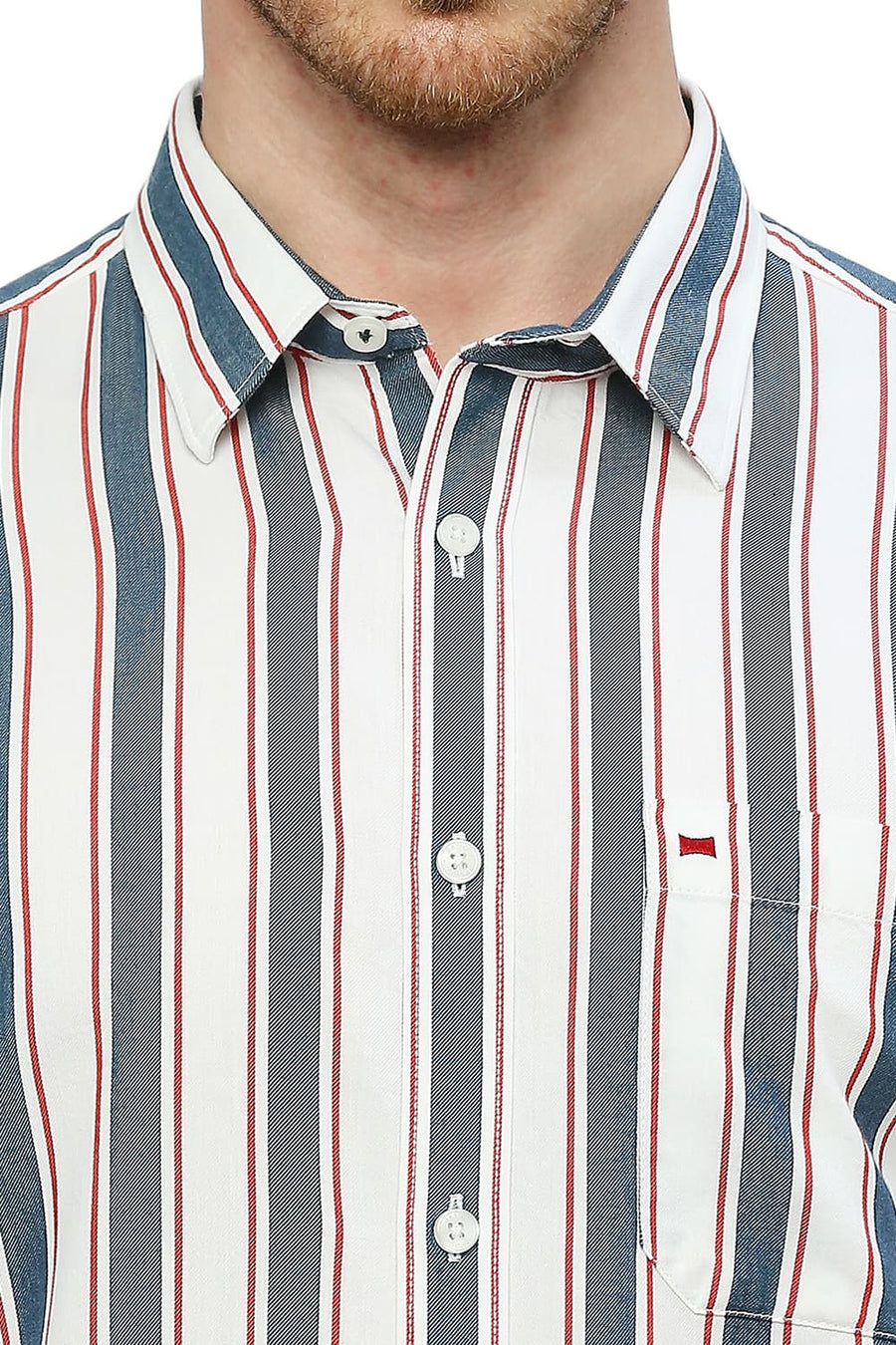 BASICS SLIM FIT HORIZON NAVY COTTON TENCEL TWILL STRIPE SHIRT