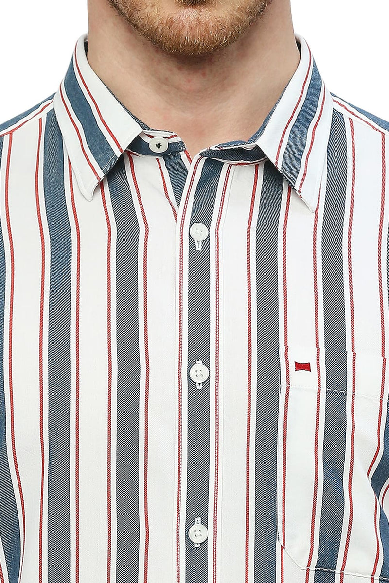 BASICS SLIM FIT COTTON TENCEL TWILL STRIPE SHIRT