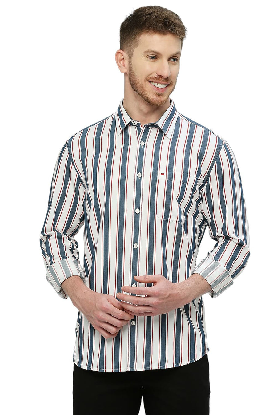 BASICS SLIM FIT HORIZON NAVY COTTON TENCEL TWILL STRIPE SHIRT