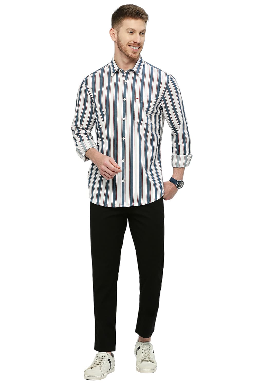 BASICS SLIM FIT COTTON TENCEL TWILL STRIPE SHIRT