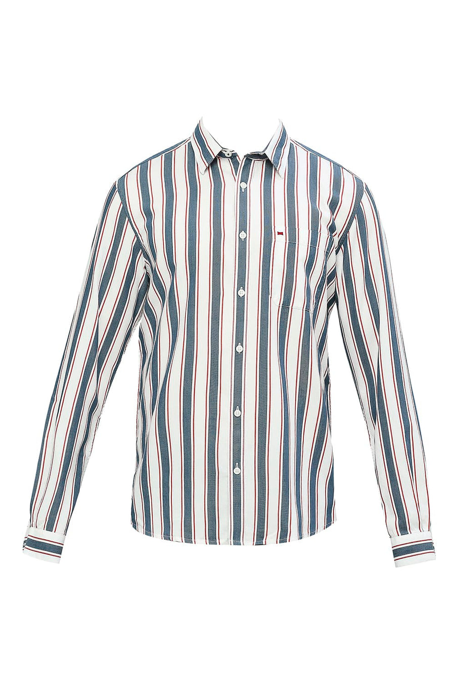 BASICS SLIM FIT HORIZON NAVY COTTON TENCEL TWILL STRIPE SHIRT