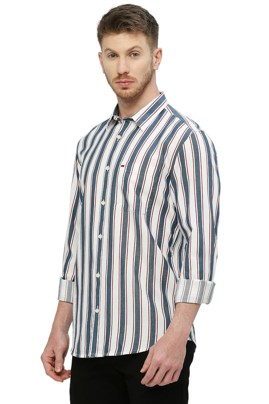 BASICS SLIM FIT HORIZON NAVY COTTON TENCEL TWILL STRIPE SHIRT
