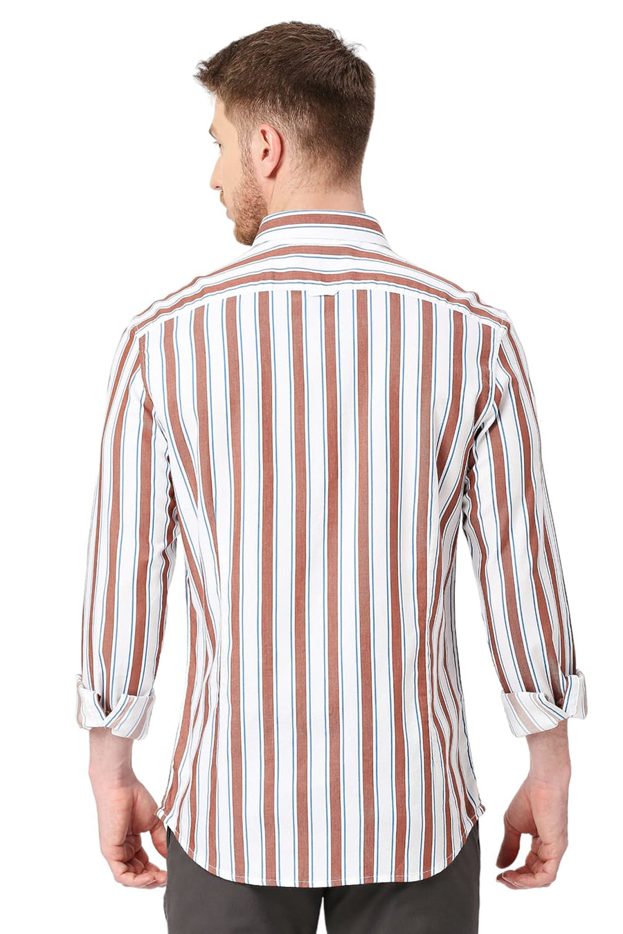 BASICS SLIM FIT STONE BROWN COTTON TENCEL TWILL STRIPE SHIRT