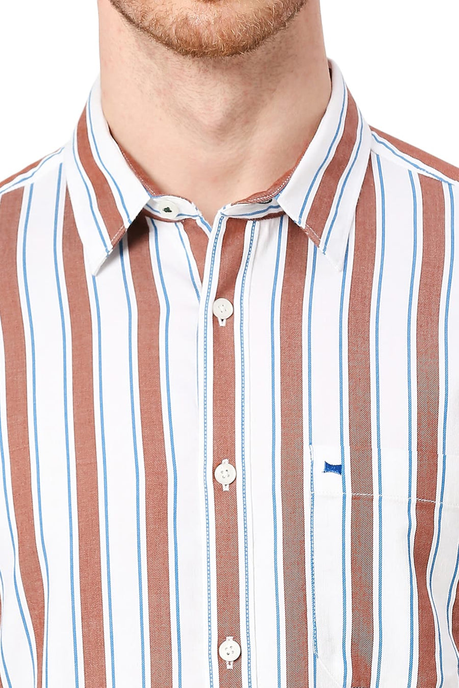 BASICS SLIM FIT STONE BROWN COTTON TENCEL TWILL STRIPE SHIRT