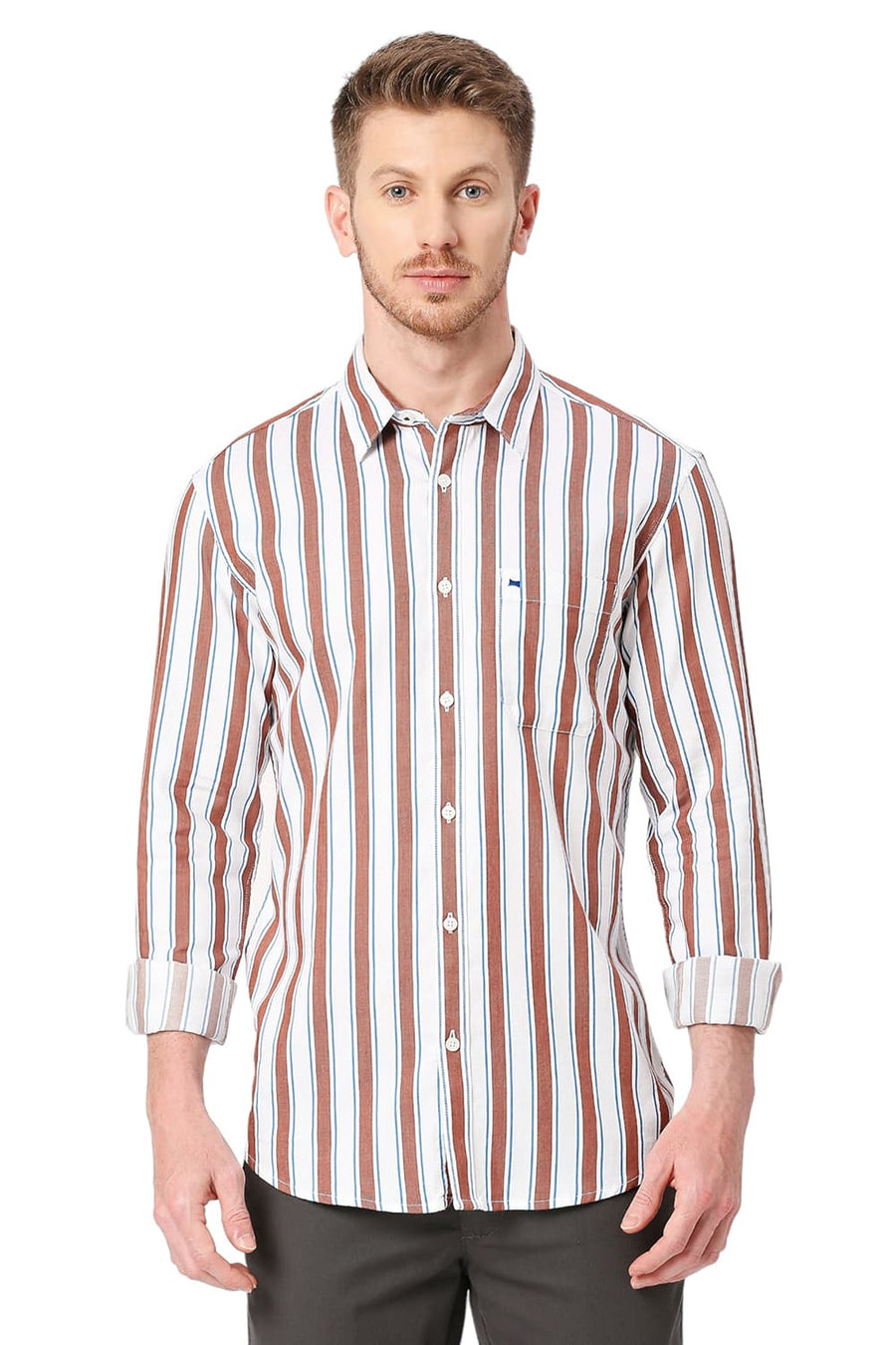 BASICS SLIM FIT STONE BROWN COTTON TENCEL TWILL STRIPE SHIRT