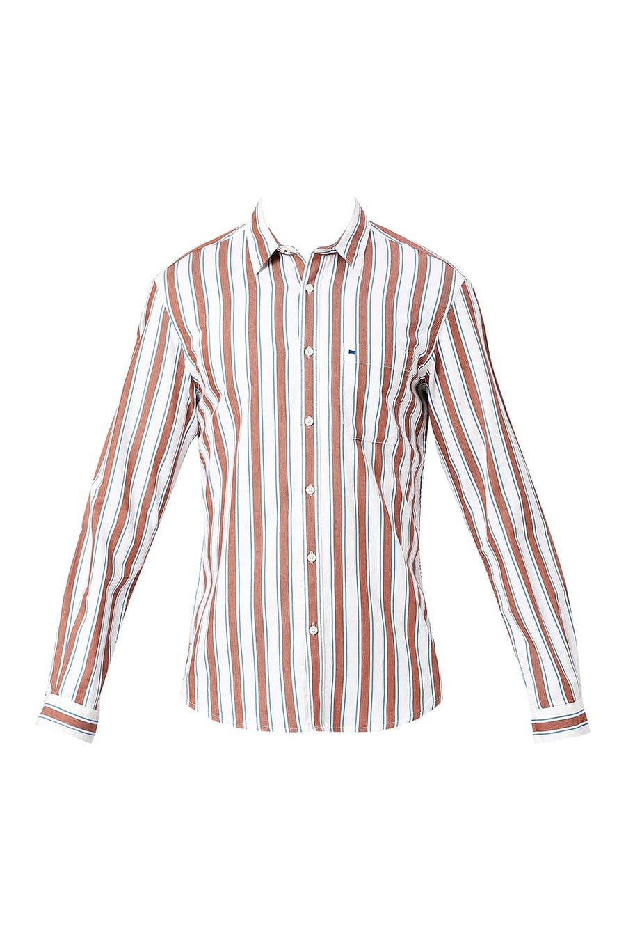 BASICS SLIM FIT STONE BROWN COTTON TENCEL TWILL STRIPE SHIRT