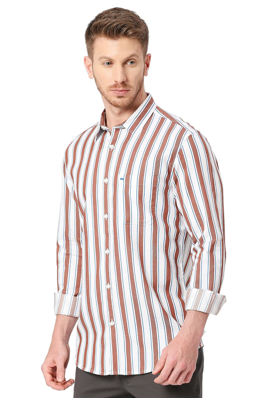 BASICS SLIM FIT STONE BROWN COTTON TENCEL TWILL STRIPE SHIRT