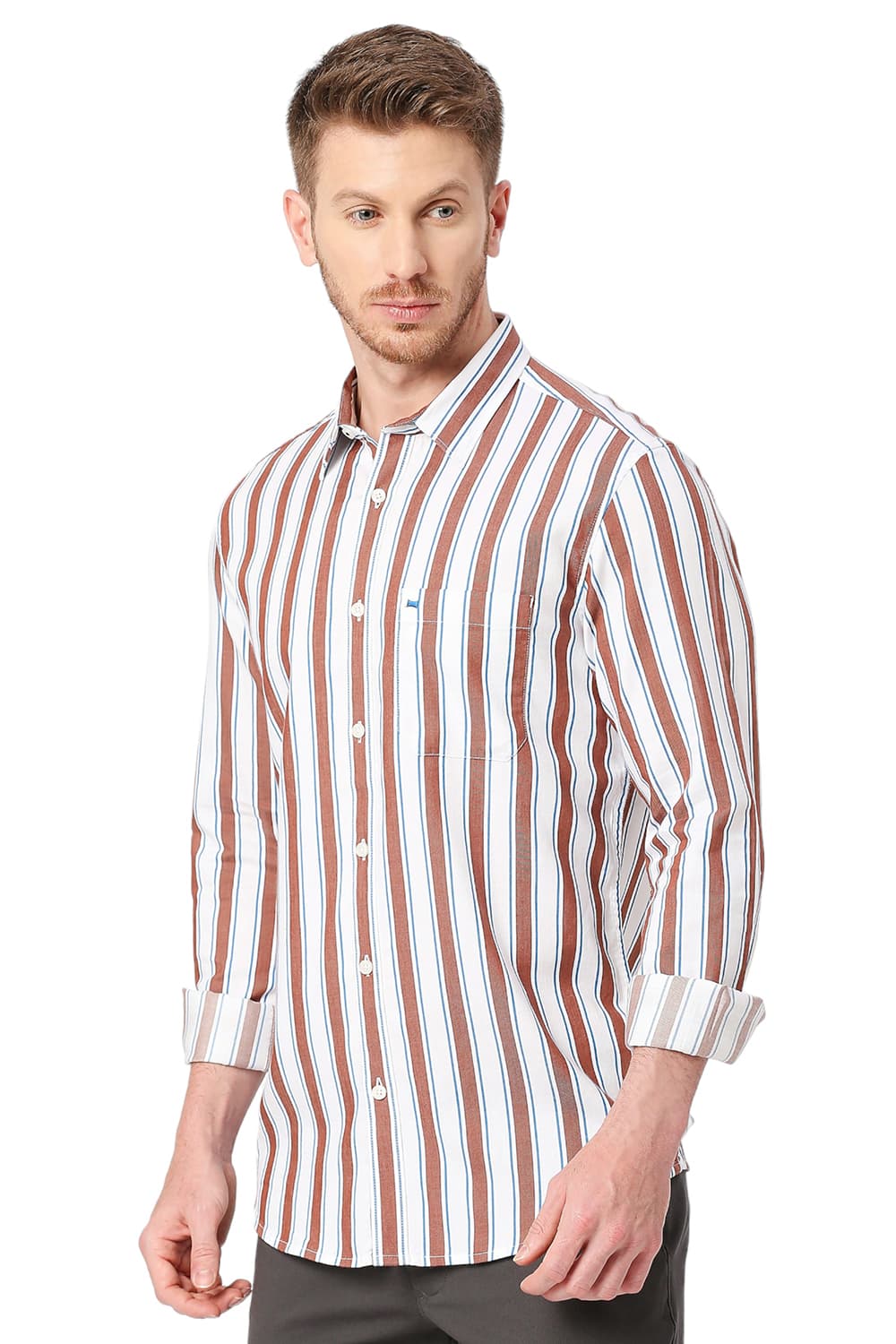 BASICS SLIM FIT COTTON TENCEL TWILL STRIPE SHIRT