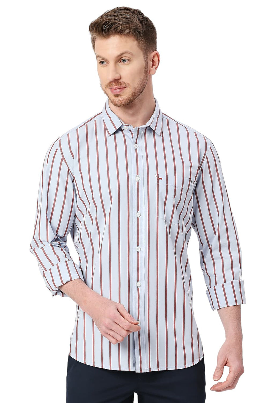 BASICS SLIM FIT ILLUSION BLUE COTTON STRIPE SHIRT