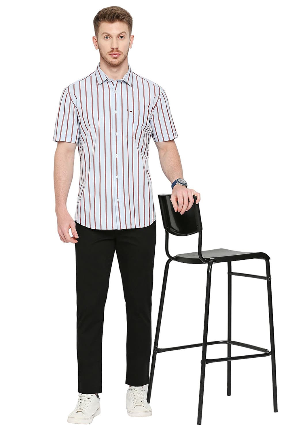 BASICS SLIM FIT COTTON STRIPE HALFSLEEVES SHIRT