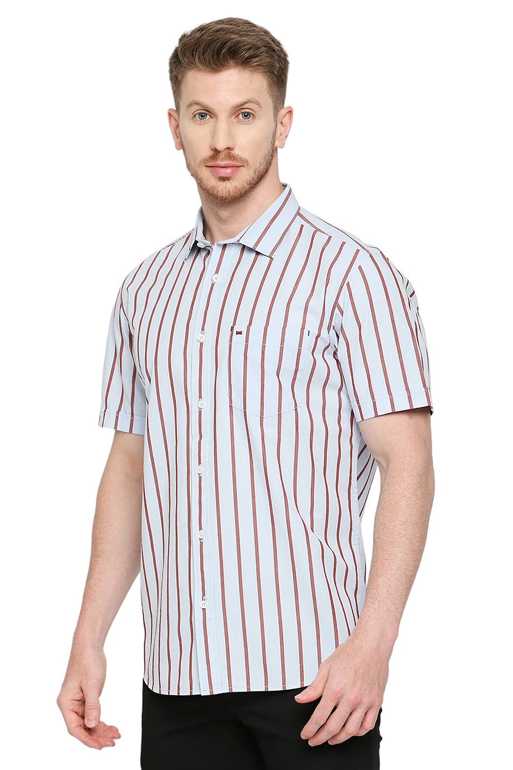 BASICS SLIM FIT COTTON STRIPE HALFSLEEVES SHIRT