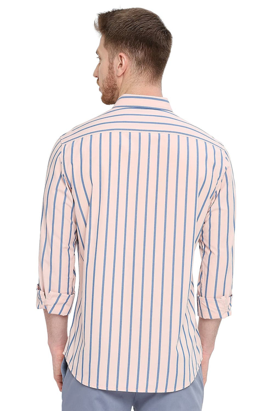BASICS SLIM FIT PRISM PINK COTTON STRIPE SHIRT