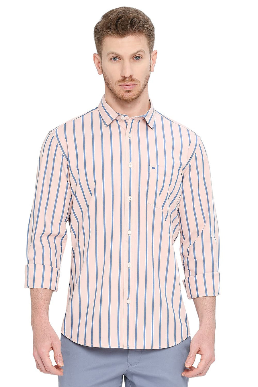 BASICS SLIM FIT PRISM PINK COTTON STRIPE SHIRT