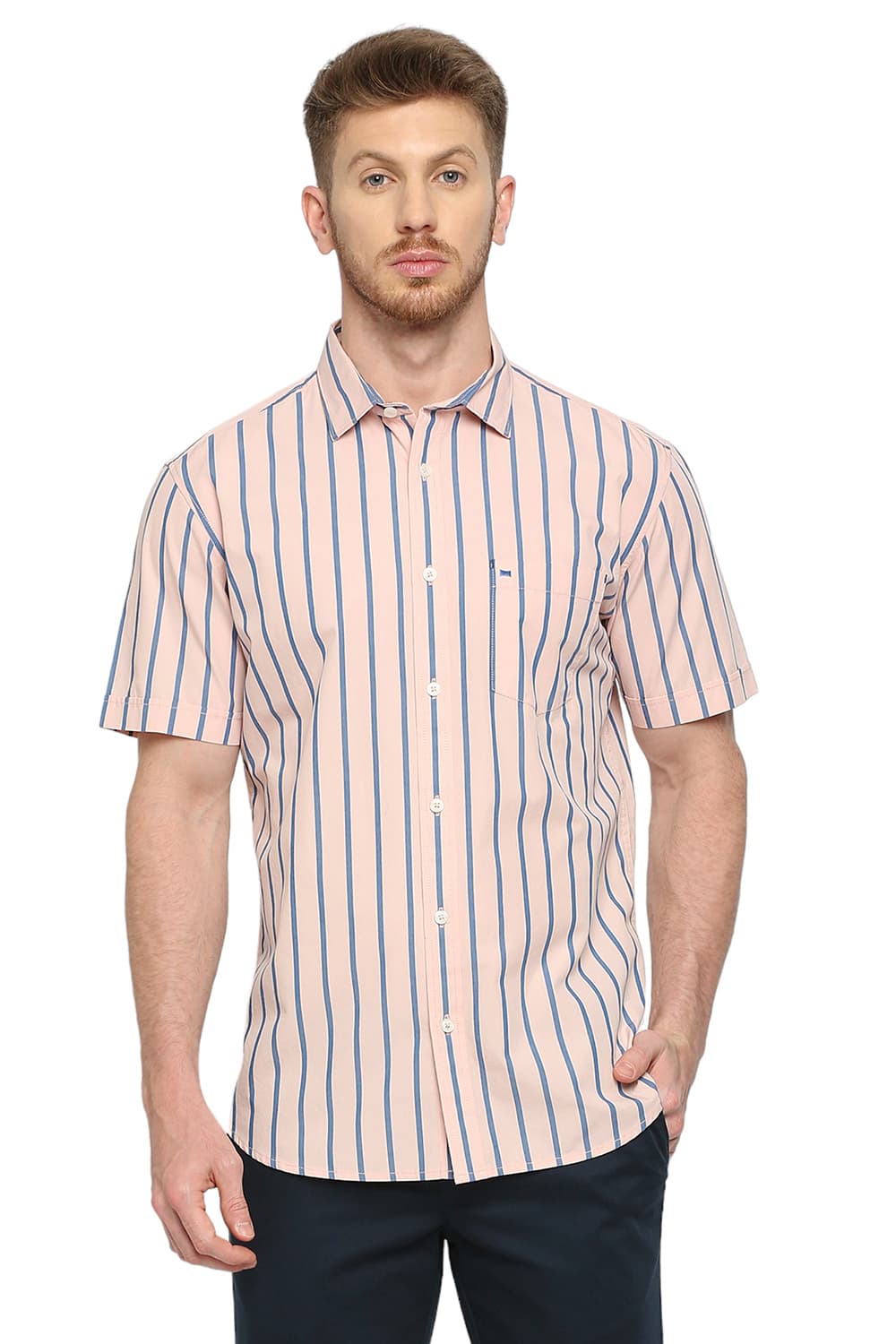 BASICS SLIM FIT COTTON STRIPE HALFSLEEVES SHIRT