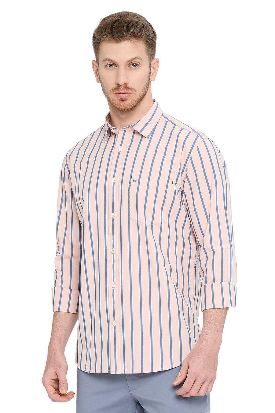 BASICS SLIM FIT PRISM PINK COTTON STRIPE SHIRT