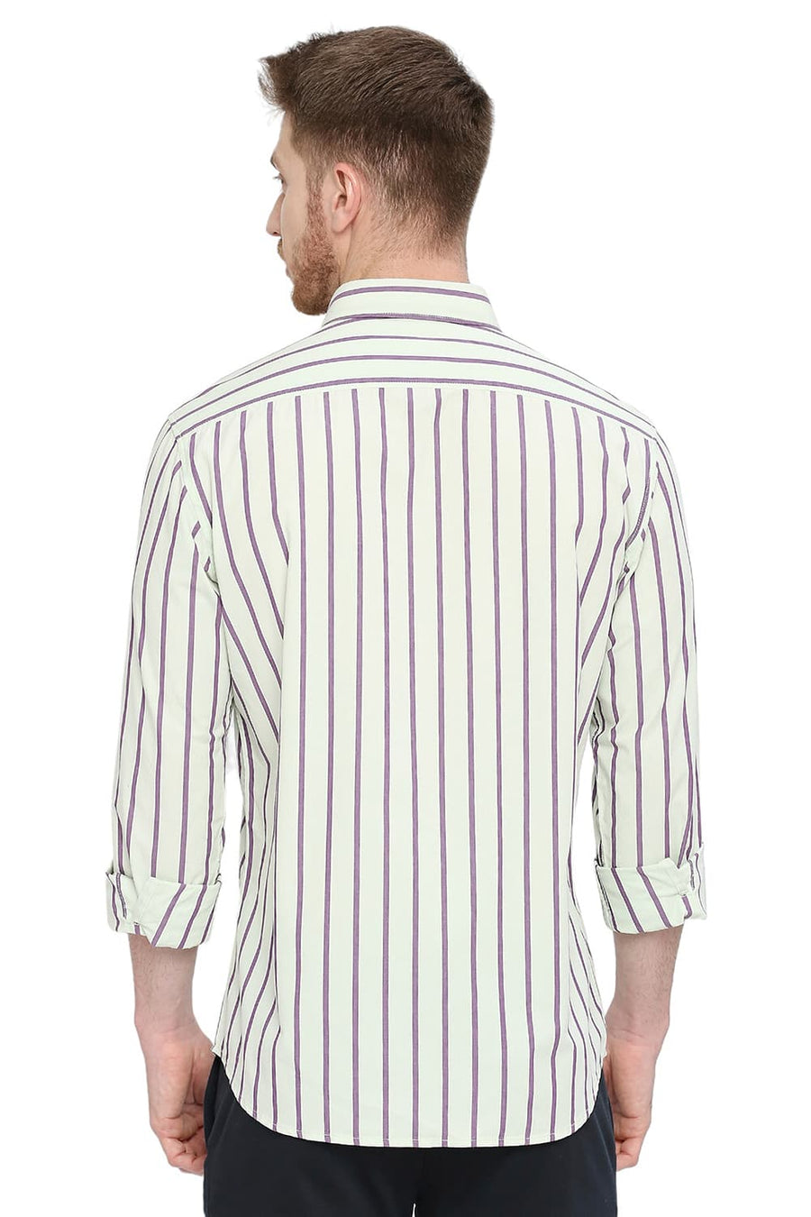 BASICS SLIM FIT LICHEN GREEN COTTON STRIPE SHIRT