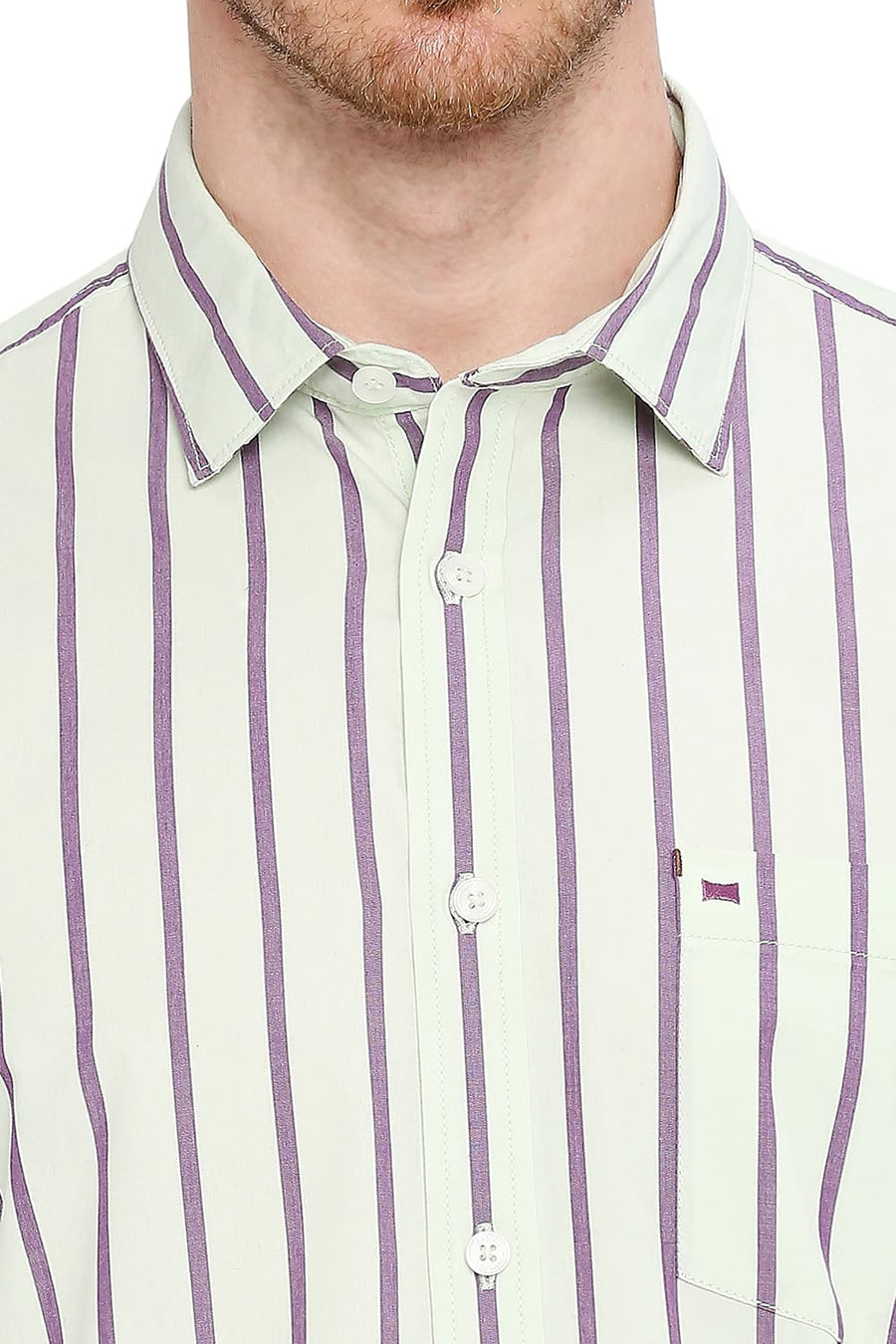 BASICS SLIM FIT LICHEN GREEN COTTON STRIPE SHIRT