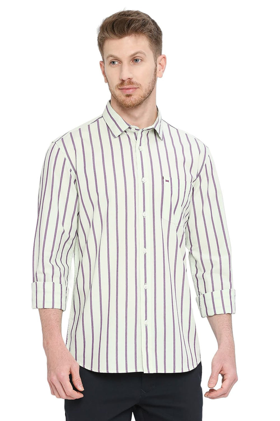 BASICS SLIM FIT LICHEN GREEN COTTON STRIPE SHIRT