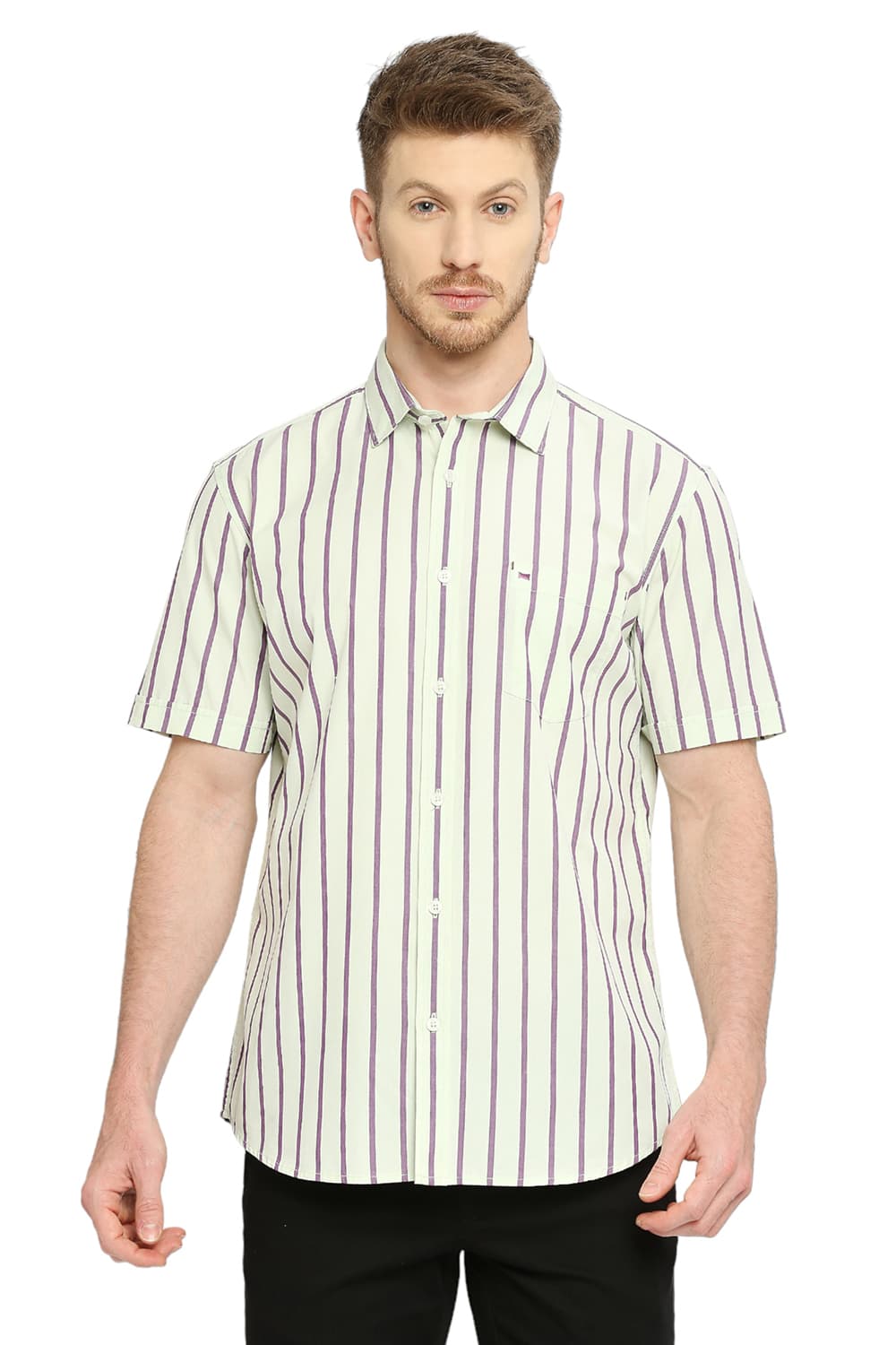 BASICS SLIM FIT COTTON STRIPE HALFSLEEVES SHIRT