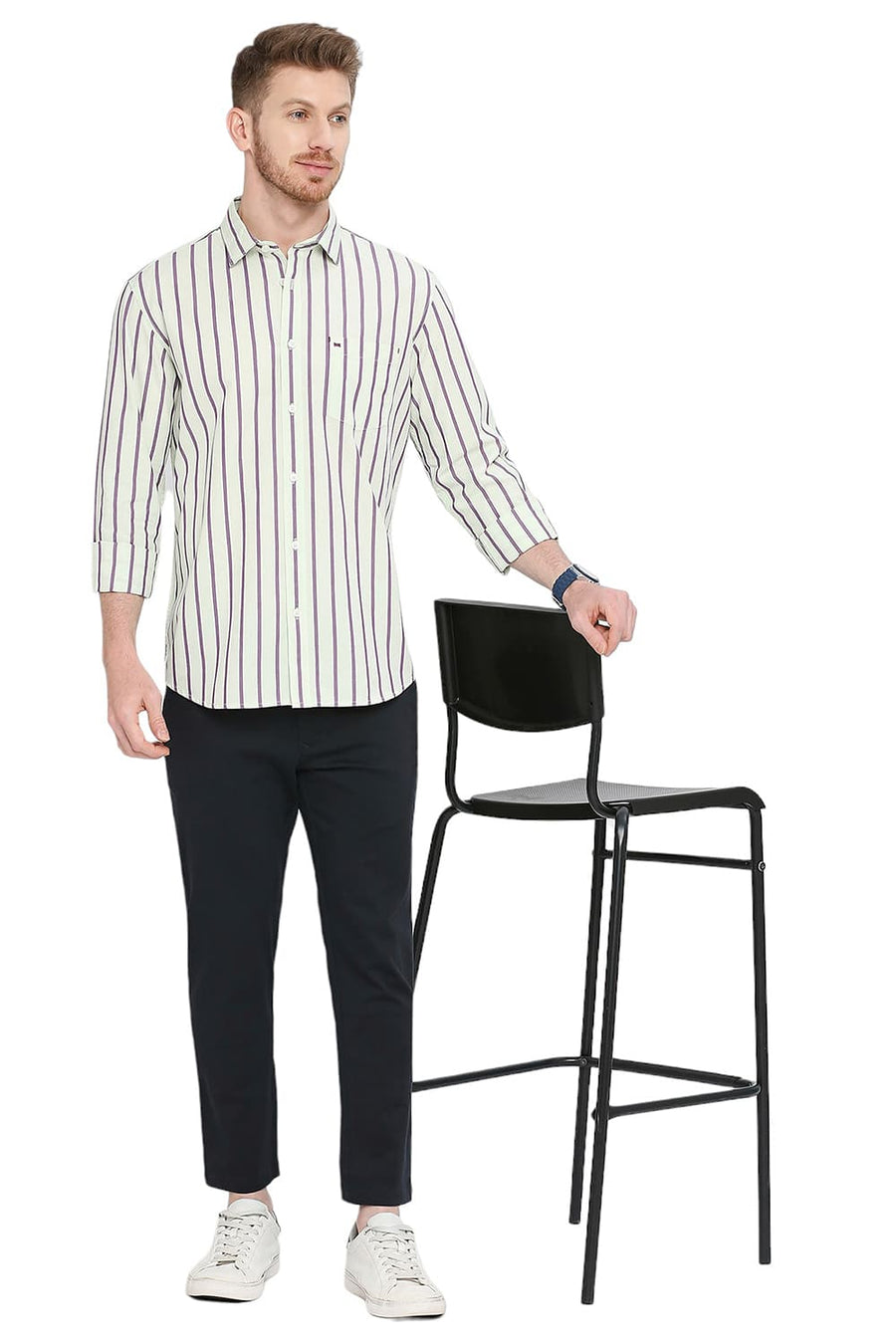 BASICS SLIM FIT LICHEN GREEN COTTON STRIPE SHIRT