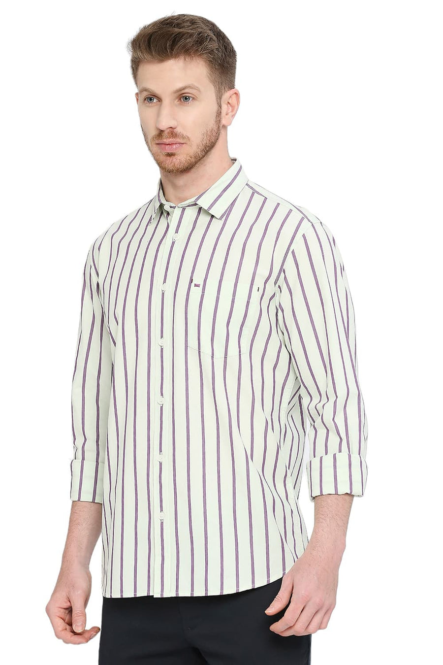 BASICS SLIM FIT LICHEN GREEN COTTON STRIPE SHIRT