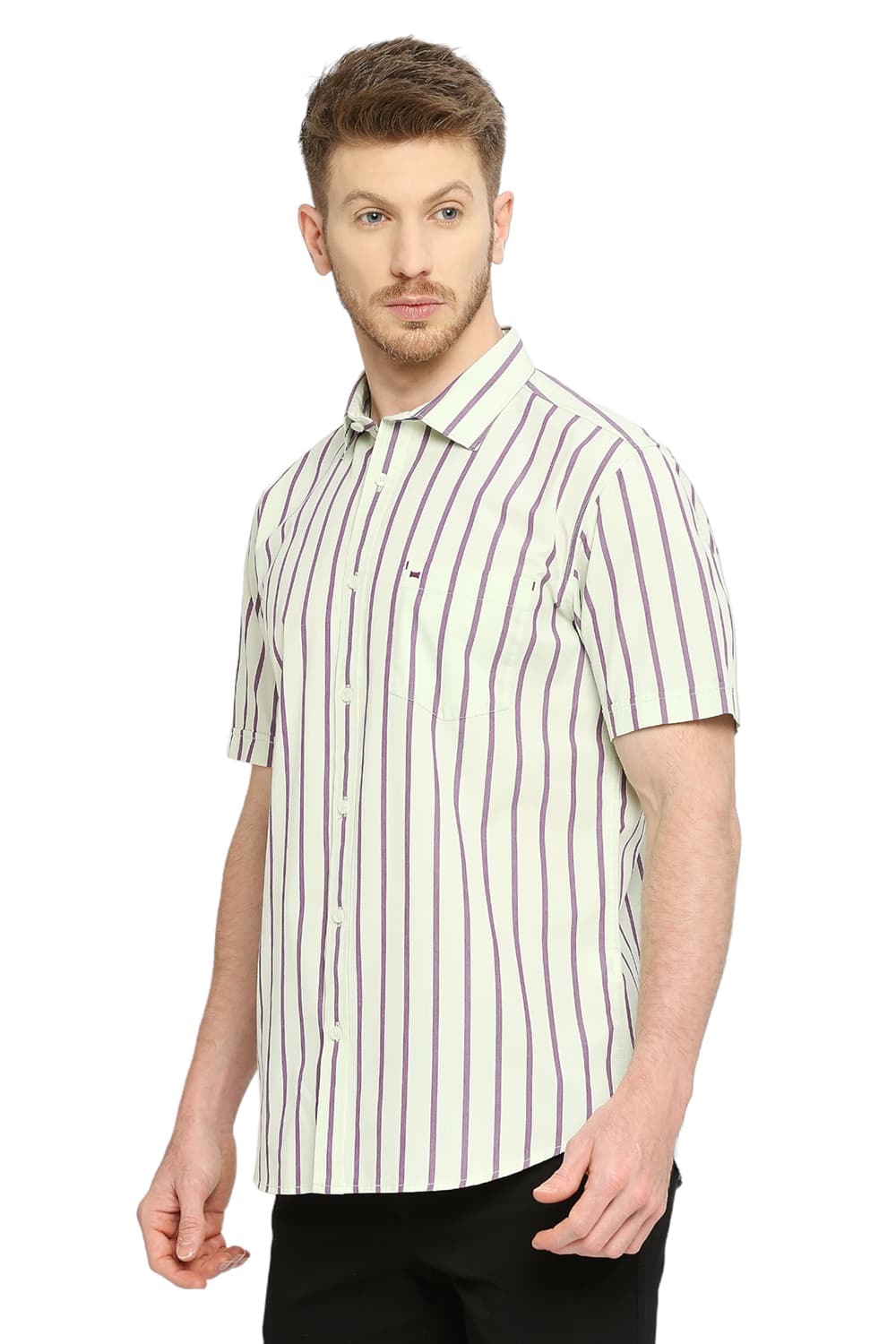 BASICS SLIM FIT COTTON STRIPE HALFSLEEVES SHIRT