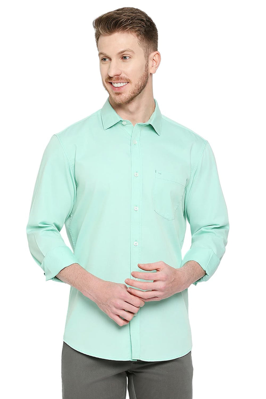 BASICS SLIM FIT DUSTY JADE GREEN COTTON POLYESTER CAVALRY TWILL SHIRT