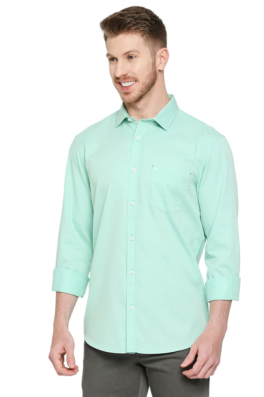 BASICS SLIM FIT DUSTY JADE GREEN COTTON POLYESTER CAVALRY TWILL SHIRT