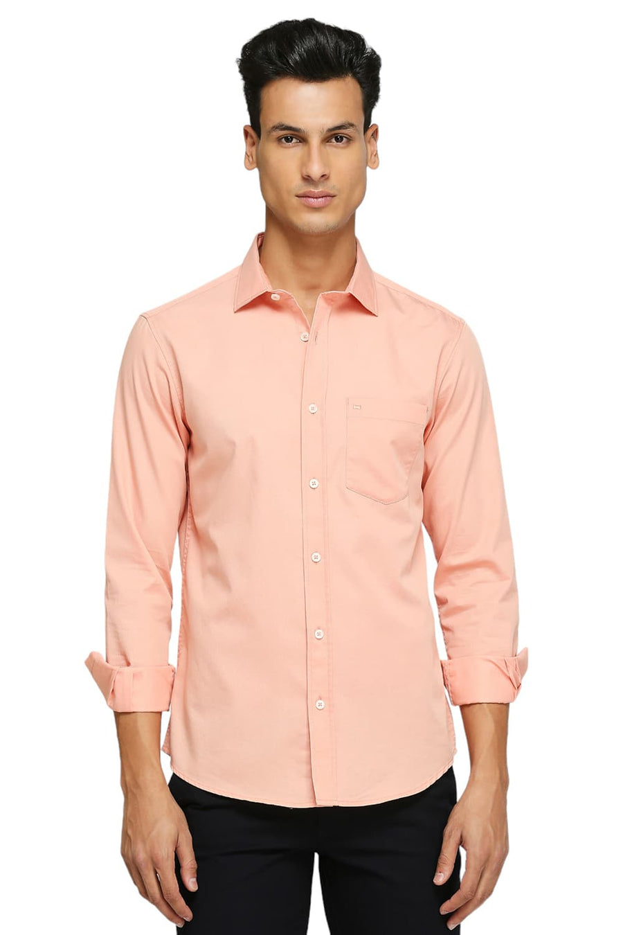 BASICS SLIM FIT CORAL PEACH COTTON POLYESTER CAVALRY TWILL SHIRT
