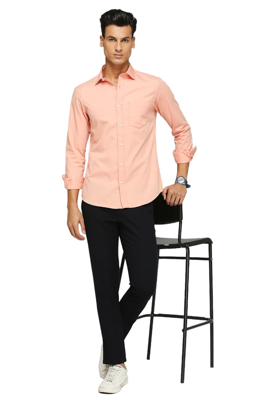 BASICS SLIM FIT CORAL PEACH COTTON POLYESTER CAVALRY TWILL SHIRT