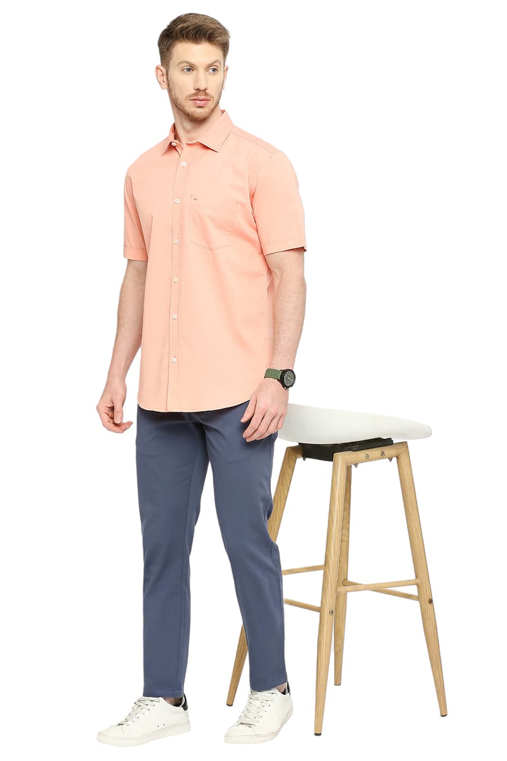 BASICS SLIM FIT COTTON POLYESTER CAVALRY TWILL HALFSLEEVES SHIRT