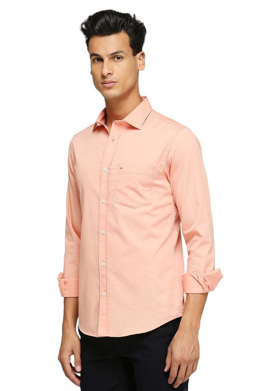 BASICS SLIM FIT CORAL PEACH COTTON POLYESTER CAVALRY TWILL SHIRT