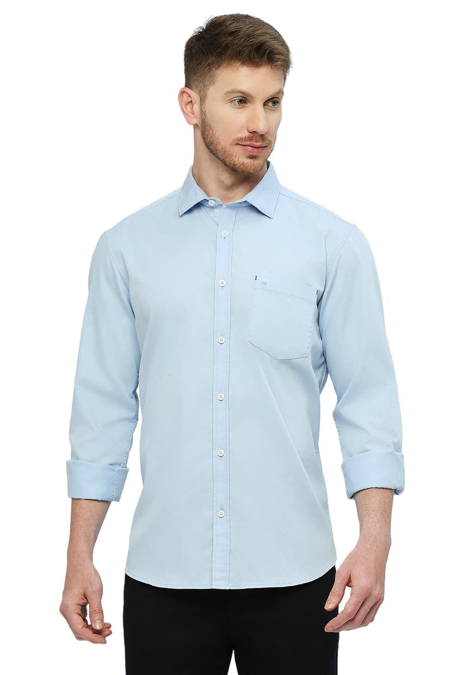 BASICS SLIM FIT AZURINE BLUE COTTON POLYESTER CAVALRY TWILL SHIRT