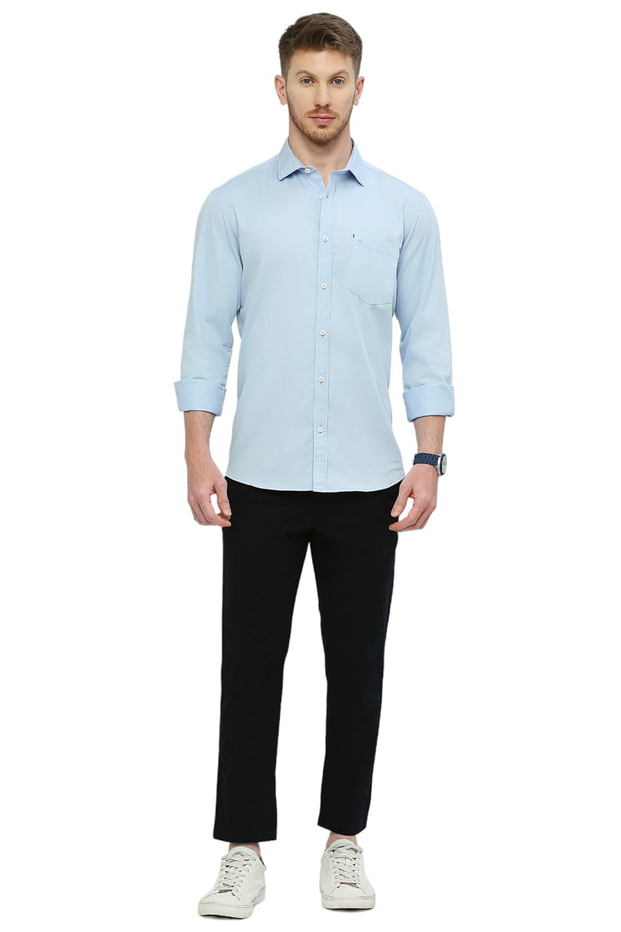 BASICS SLIM FIT AZURINE BLUE COTTON POLYESTER CAVALRY TWILL SHIRT