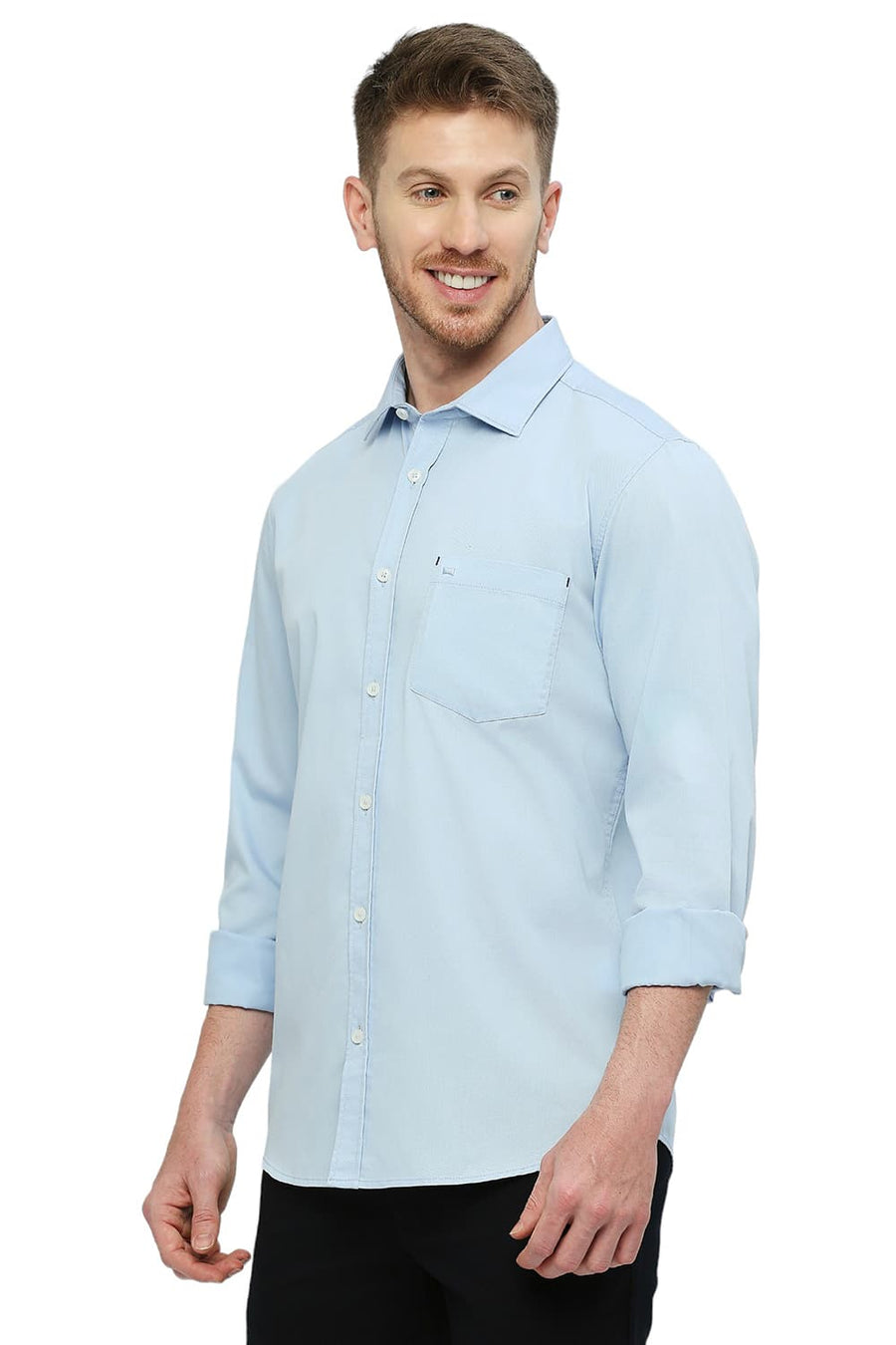 BASICS SLIM FIT AZURINE BLUE COTTON POLYESTER CAVALRY TWILL SHIRT