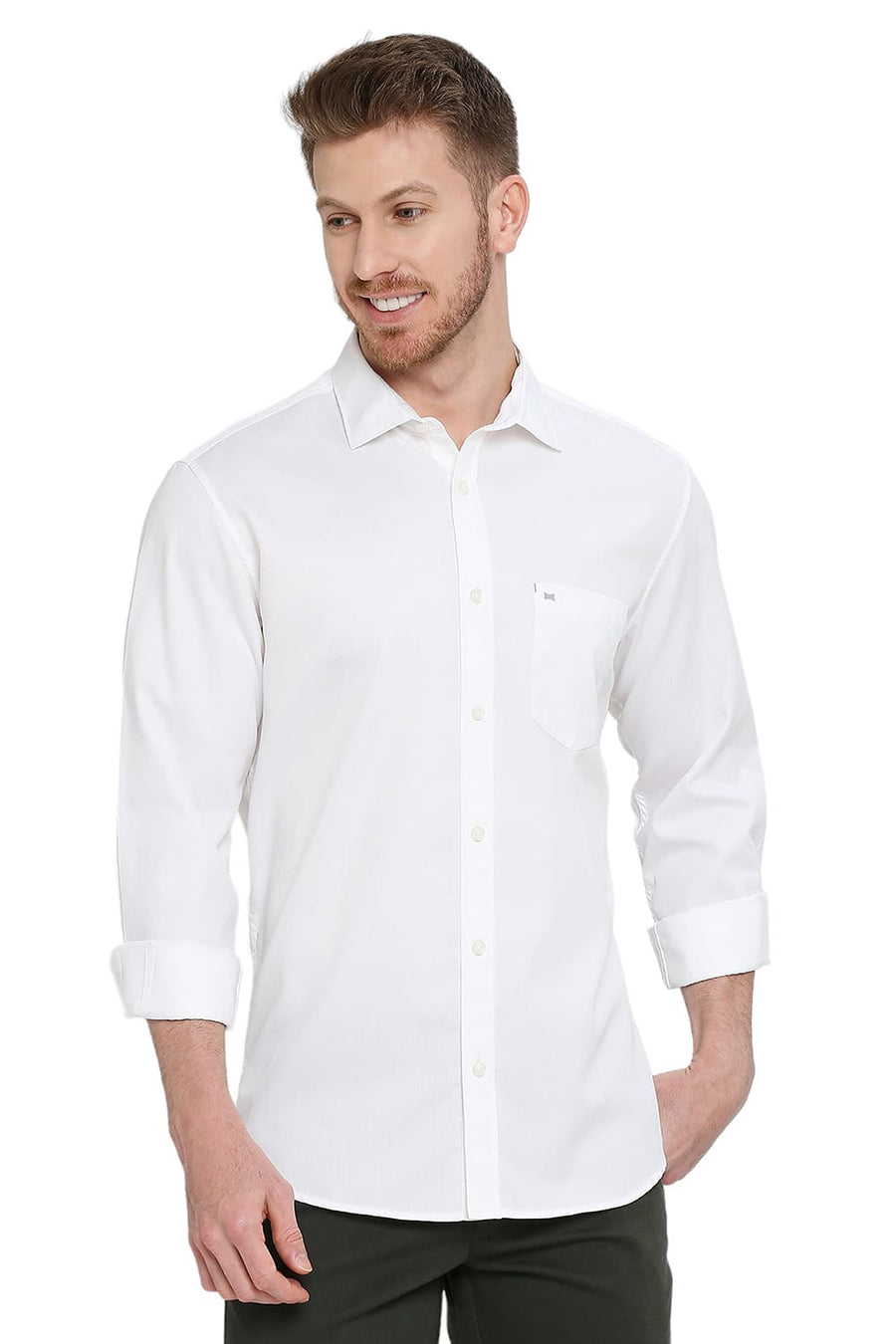 BASICS SLIM FIT SUGAR WHITE COTTON POLYESTER CAVALRY TWILL SHIRT
