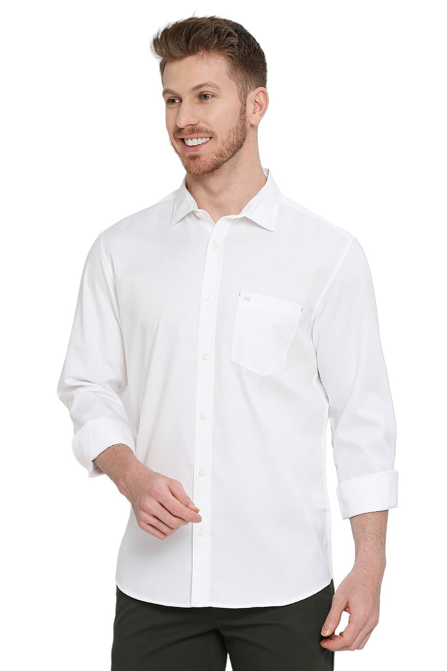 BASICS SLIM FIT SUGAR WHITE COTTON POLYESTER CAVALRY TWILL SHIRT