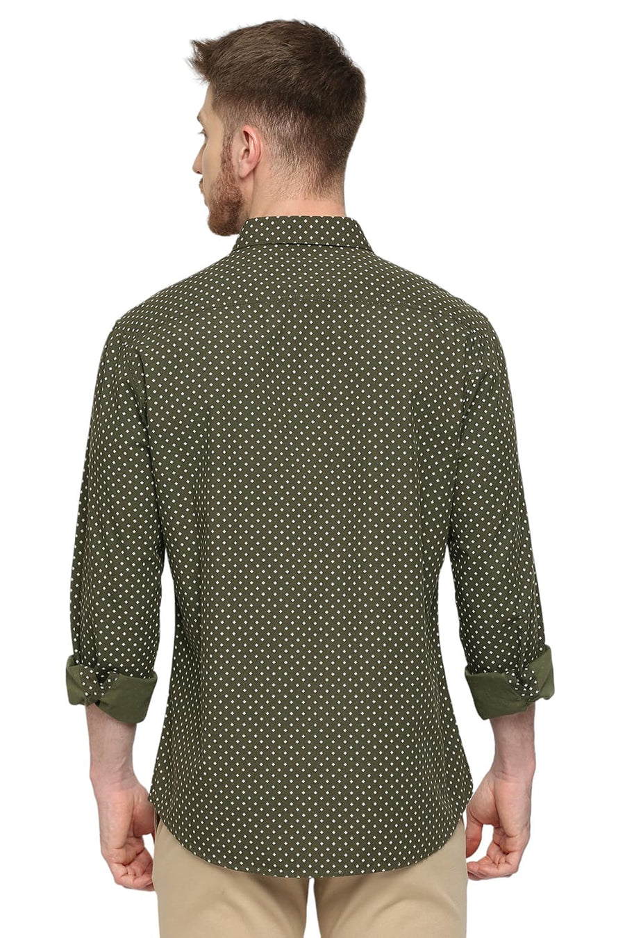 BASICS SLIM FIT AVOCADO OLIVE COTTON POPLIN PRINTED SHIRT