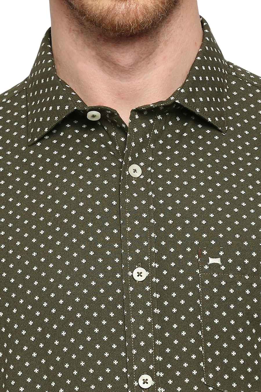 BASICS SLIM FIT AVOCADO OLIVE COTTON POPLIN PRINTED SHIRT