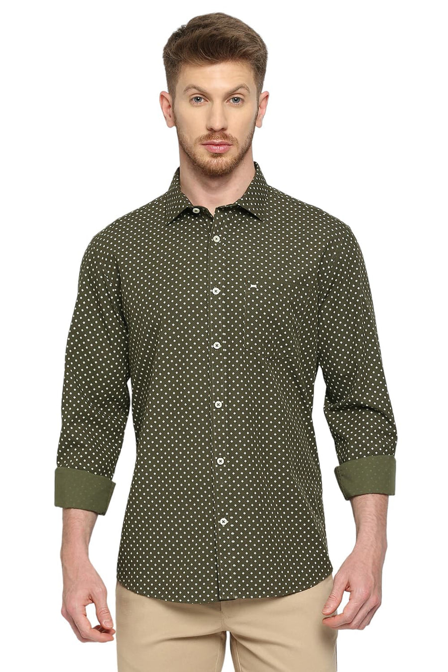 BASICS SLIM FIT AVOCADO OLIVE COTTON POPLIN PRINTED SHIRT