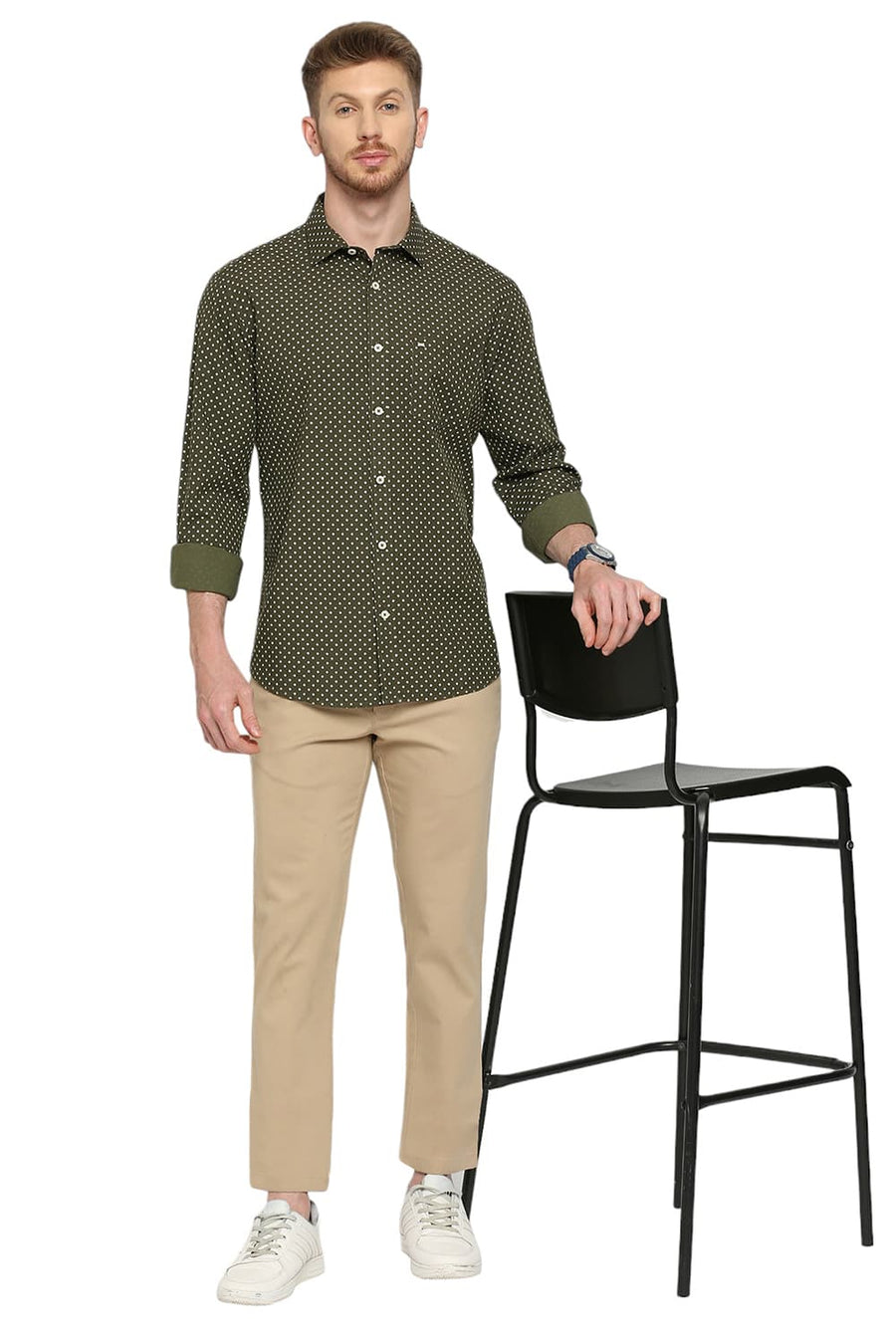 BASICS SLIM FIT AVOCADO OLIVE COTTON POPLIN PRINTED SHIRT
