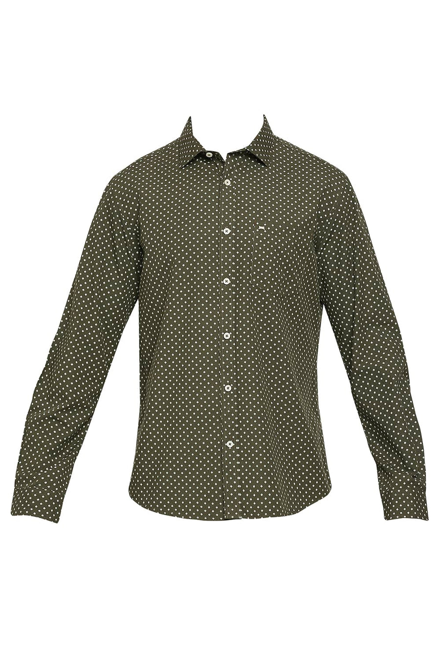 BASICS SLIM FIT AVOCADO OLIVE COTTON POPLIN PRINTED SHIRT