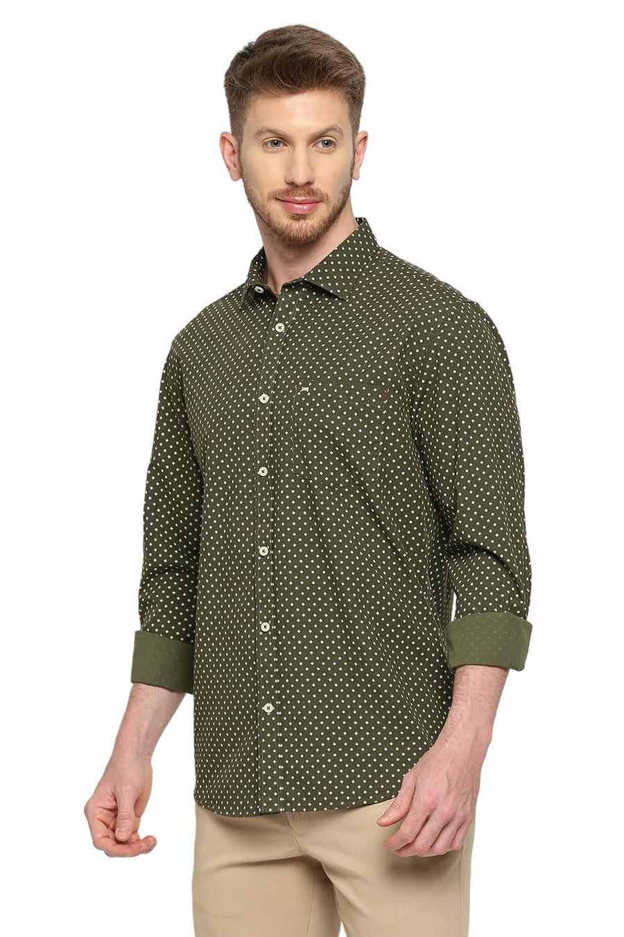 BASICS SLIM FIT AVOCADO OLIVE COTTON POPLIN PRINTED SHIRT