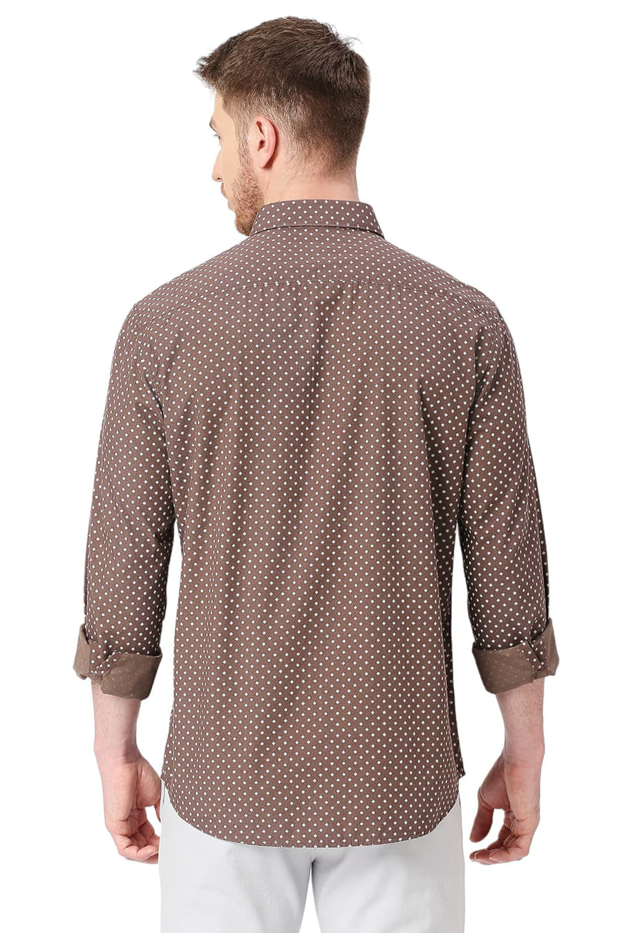 BASICS SLIM FIT BROWNIE BROWN COTTON POPLIN PRINTED SHIRT