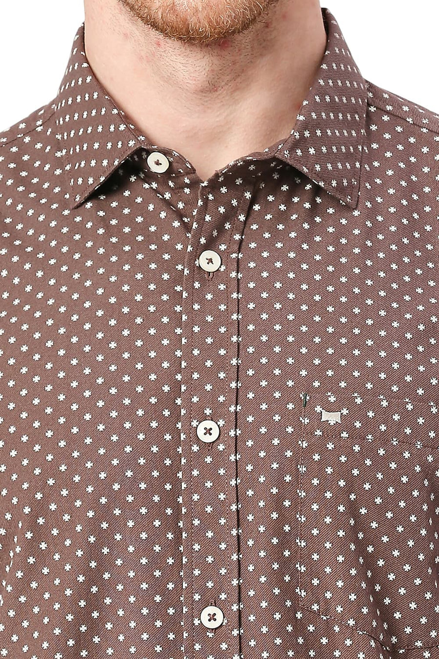 BASICS SLIM FIT BROWNIE BROWN COTTON POPLIN PRINTED SHIRT