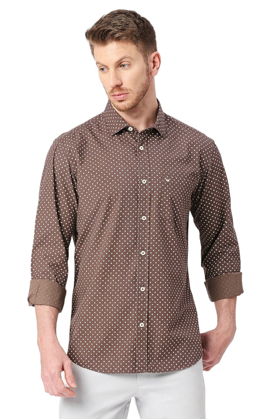 BASICS SLIM FIT BROWNIE BROWN COTTON POPLIN PRINTED SHIRT